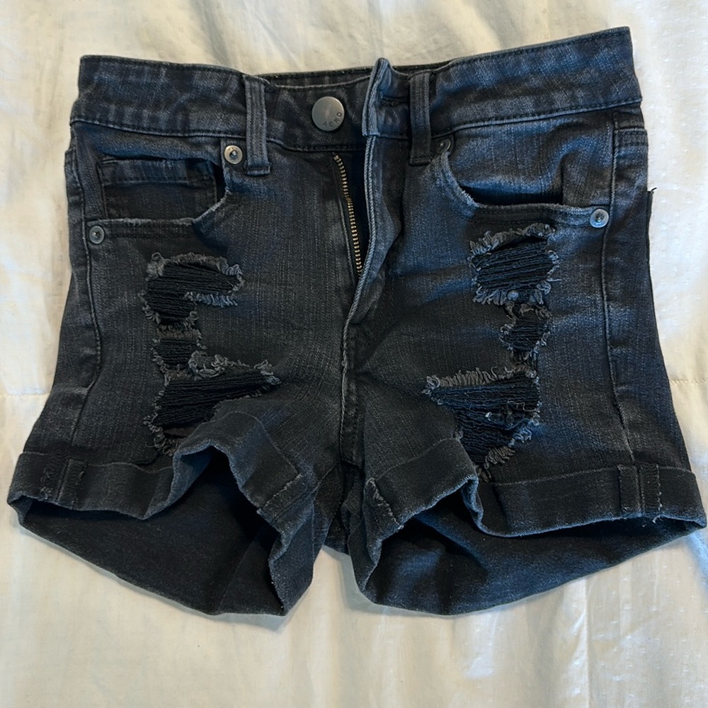 Aero High Rise Midi Black Ripped Jean Short Size 2